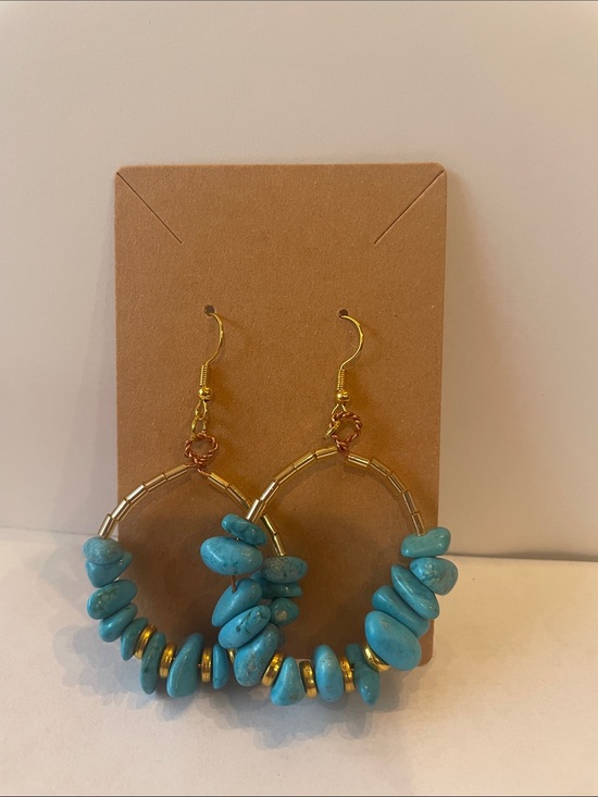 Jewelry - Handmade Turquoise Chip Hoop Earrings with Gold Accents